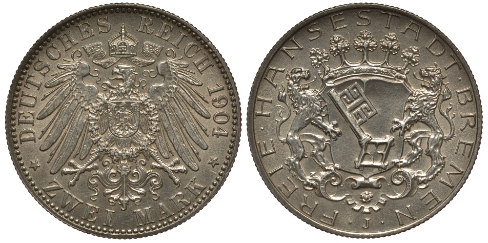 Бремен 2 марки 1904 J, Weege 59, J. 59, KM 250 серебро UNC 00-816-31