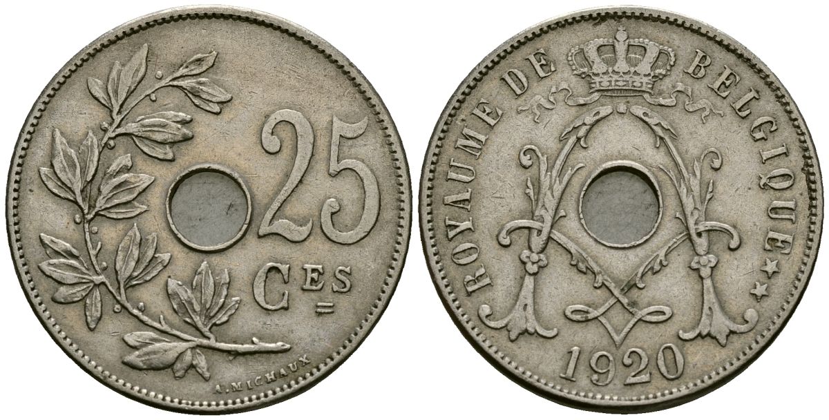 Бельгия 25 сантимов 1920 Belgique KM 68 медно-никель 4168-1223