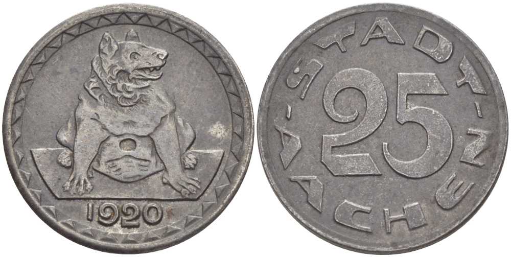 ААХЕН 25 ПФЕННИГОВ 1920 НОТГЕЛЬД ВЕСТФАЛИЯ железо 175-153