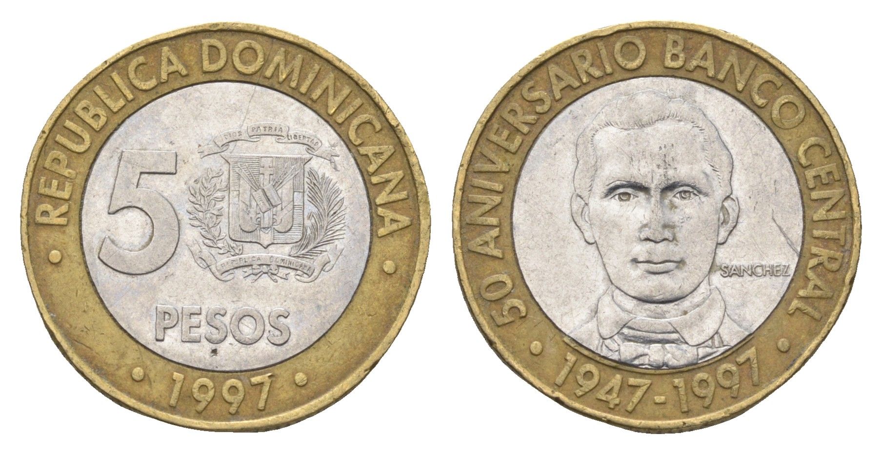 Доминиканская Республика (Доминикана) 5 песо 1997 50 лет Центробанку KM 88 биметалл 4663-923