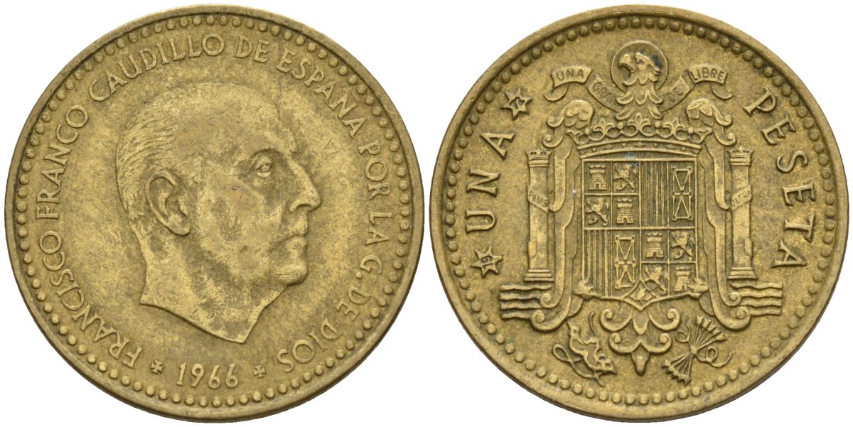 Испания 1 песета 1966 (72) Франсиско Франко (1939 - 1975) KM 796 алюминиевая бронза 4155-411