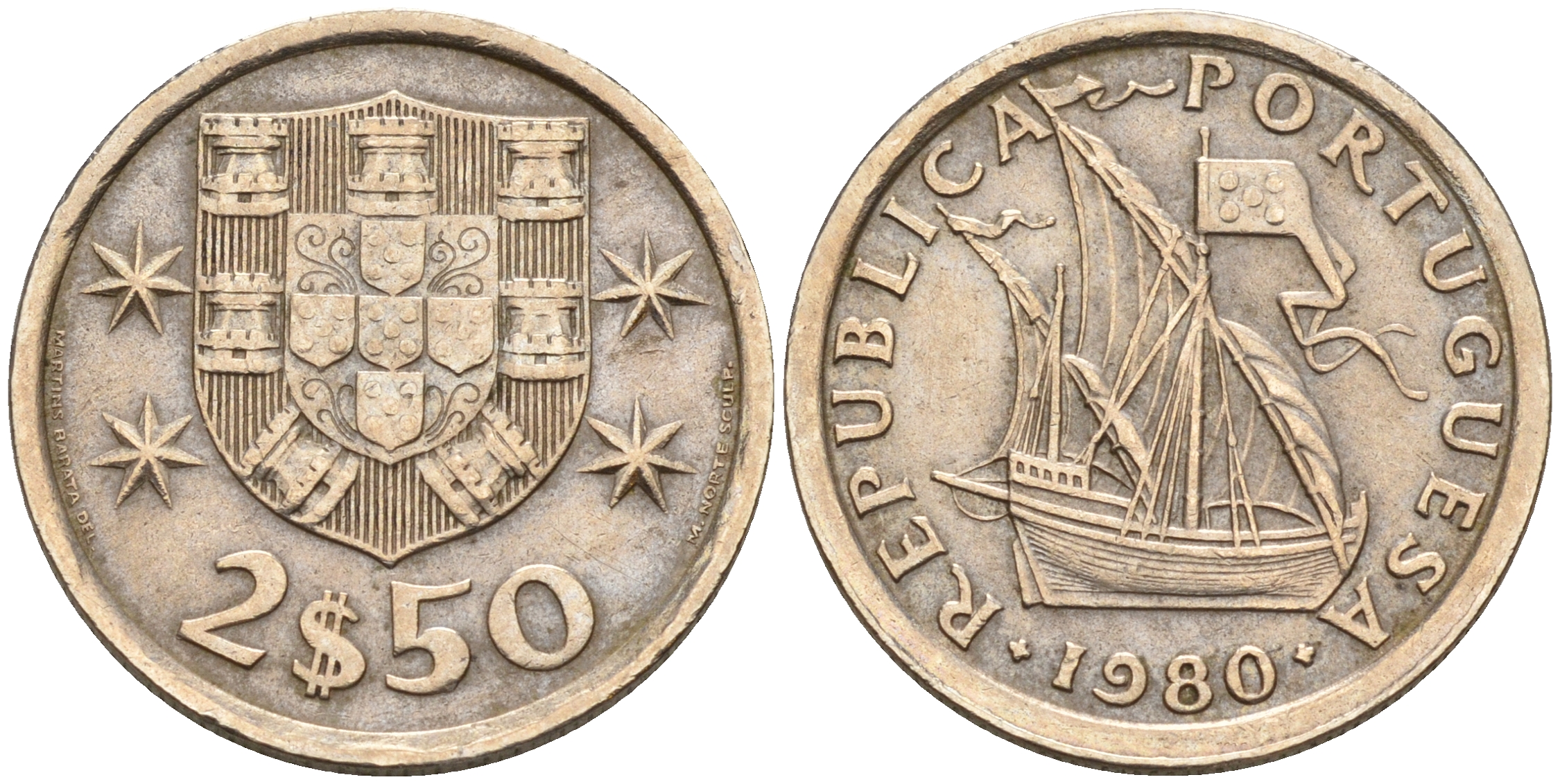 Португалия 2,5 эскудо 1980 парусник KM 590 медно-никель  UNC  4160-1225