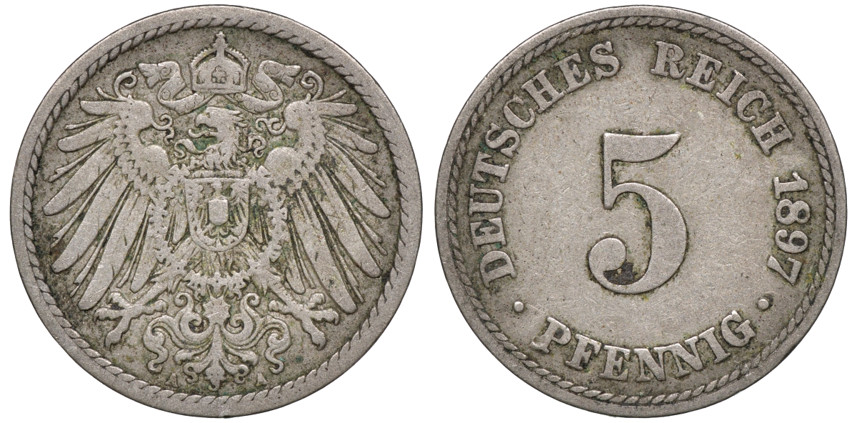 Германия 5 пфеннигов 1897 A, KM 11, J. 12 медно-никель 53-1046