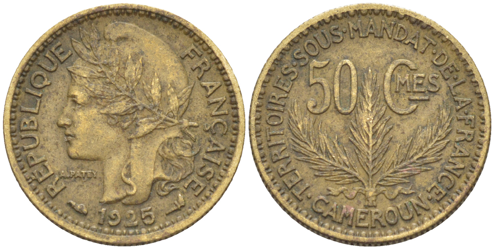 Французский Камерун 50 сантимов 1925 (а), монетный двор Париж KM 1 алюминиевая бронза 4608-434