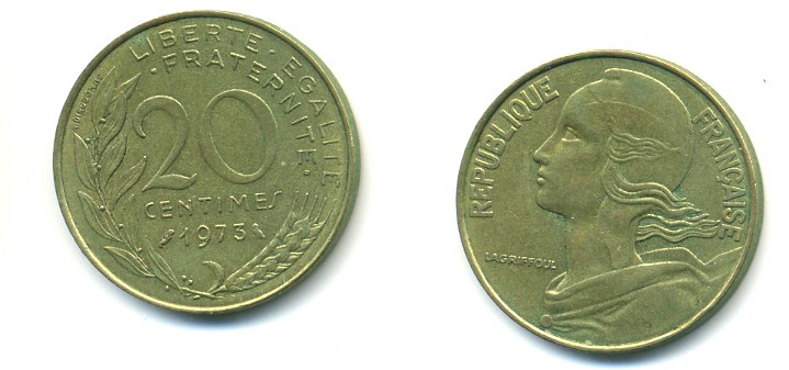 ФРАНЦИЯ 20 САНТИМОВ 1973 KM 930 медь алюминий никель 25-121