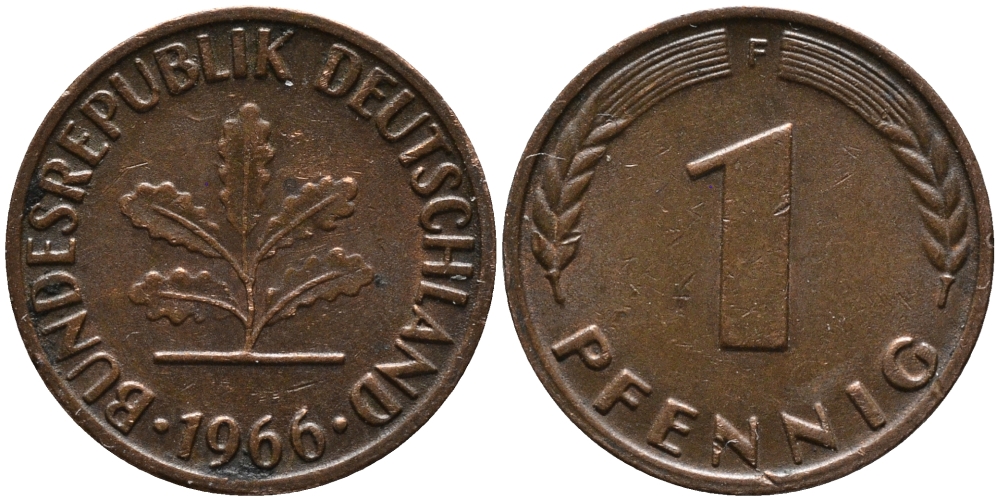 ФРГ 1 пфенниг 1966 F KM 105, J.380 сталь плакированная медью 96-1061
