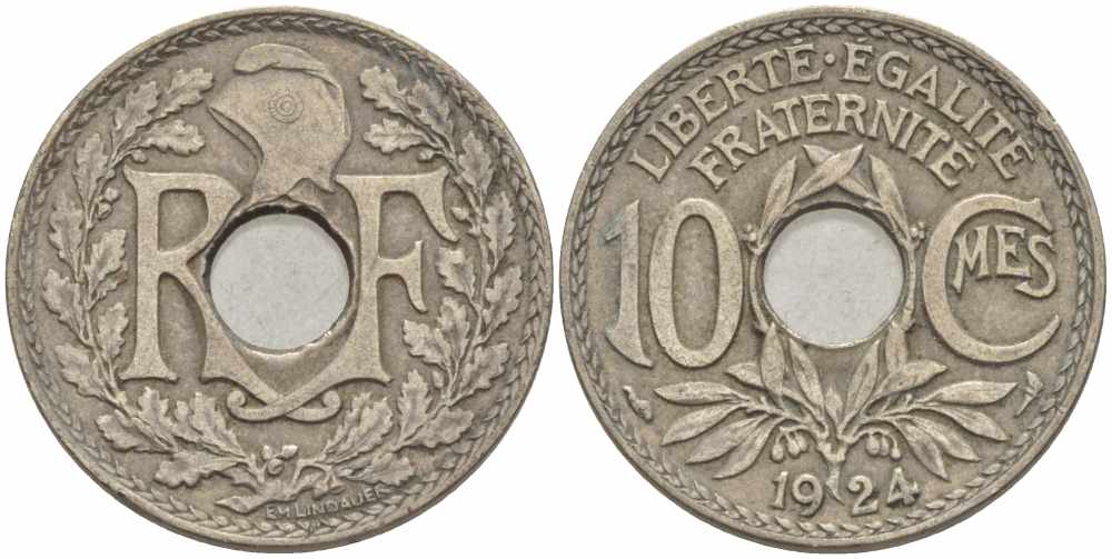 ФРАНЦИЯ 10 САНТИМОВ 1924 ТИП ЛИНДАЙЁ KM 866а, LE FRANC 138.10 медно-никель 108-145