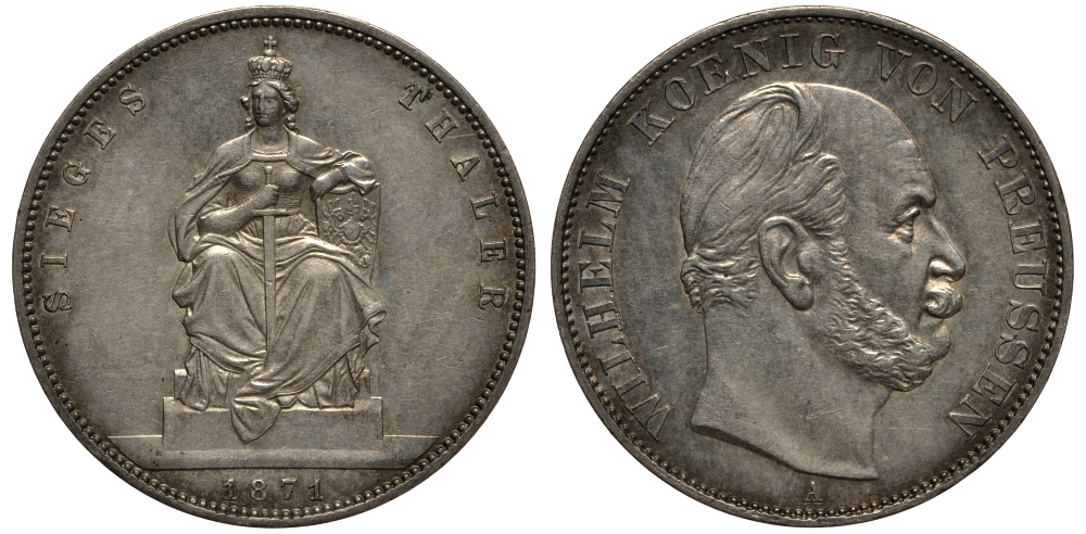 Пруссия 1 талер 1871 A, Вильгельм I (1861-1888), победа над Францией КМ 500, AKS 118, Th. 272 серебро 3711-311