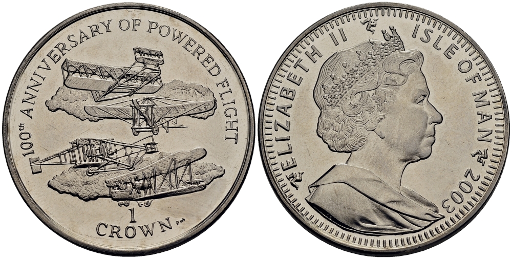 Остров Мэн 1 крона 2003 100-летие полетов с двигателем КМ 1196 медно-никель UNC M91-19