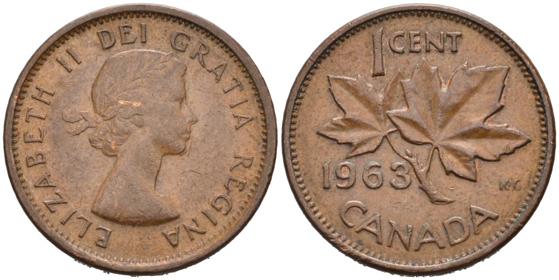 Канада 1 цент 1963 Елизавета II (1952-2022), кленовый лист КМ 49 бронза 4564-1255