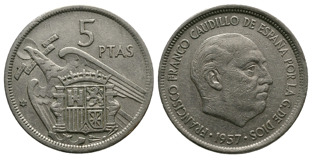 ИСПАНИЯ 5 ПЕСЕТ 1957 (68) ФРАНСИСКО ФРАНКО ДИКТАТОР ИСПАНИИ (1939-1975) KM 786 медно-никель 89-1137