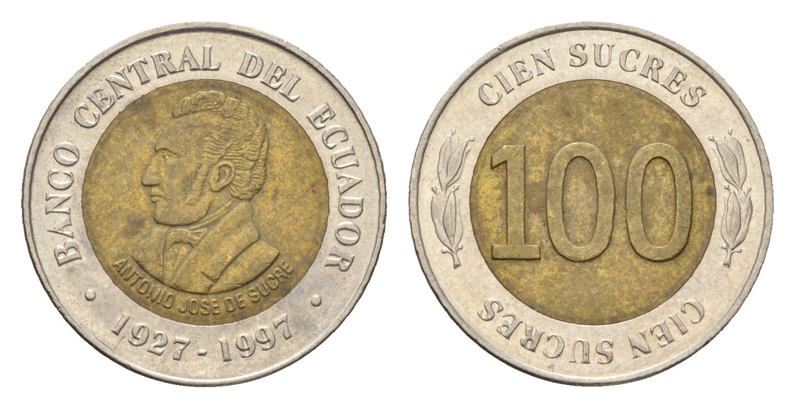 Эквадор 100 сукре 1997 70 лет Центробанку KM 101 биметалл 4664-417