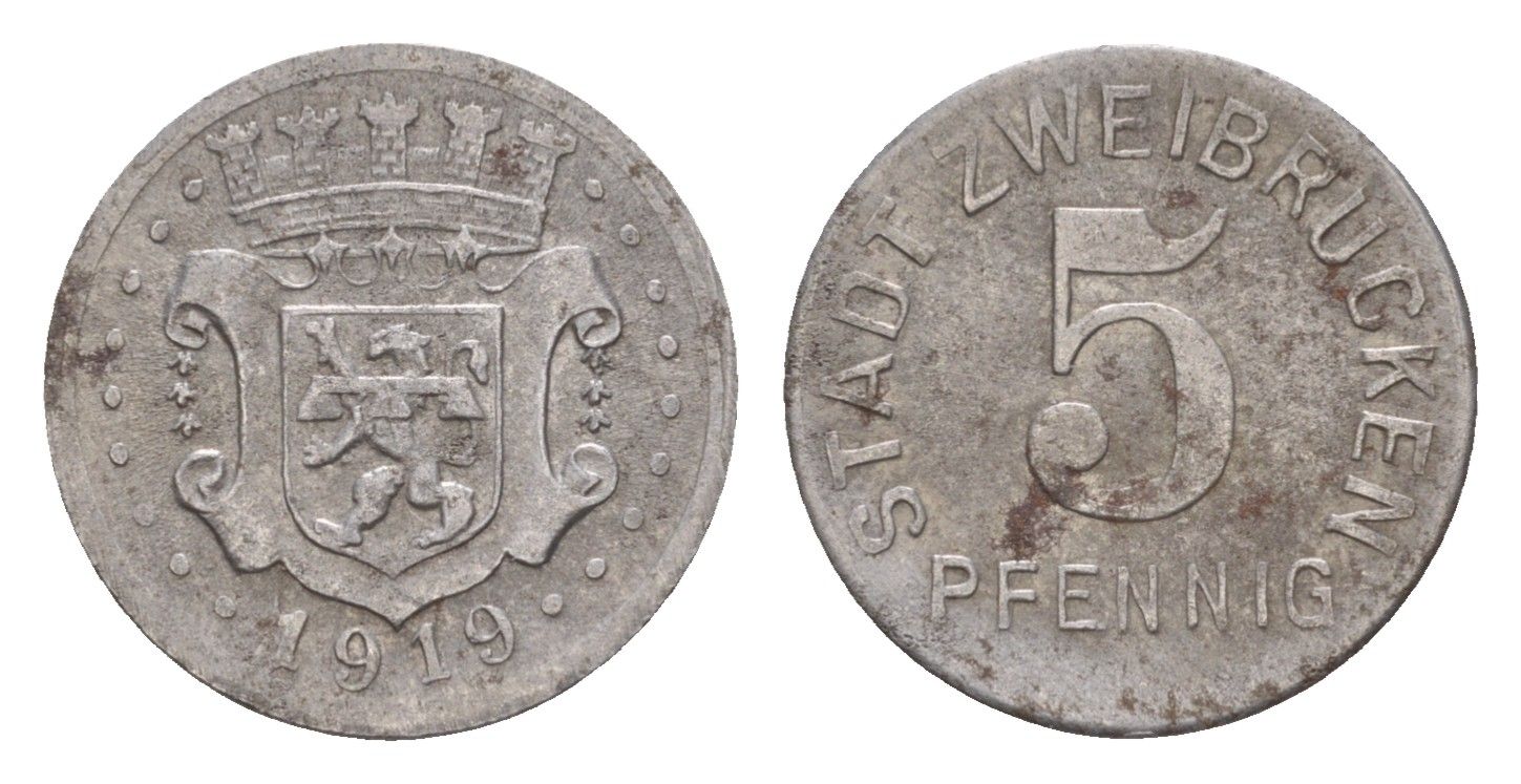 Цвайбрюккен 5 пфеннигов 1919 Funck 630.1, Men05 28182.1, Men18 35439.1 железо 4659-238