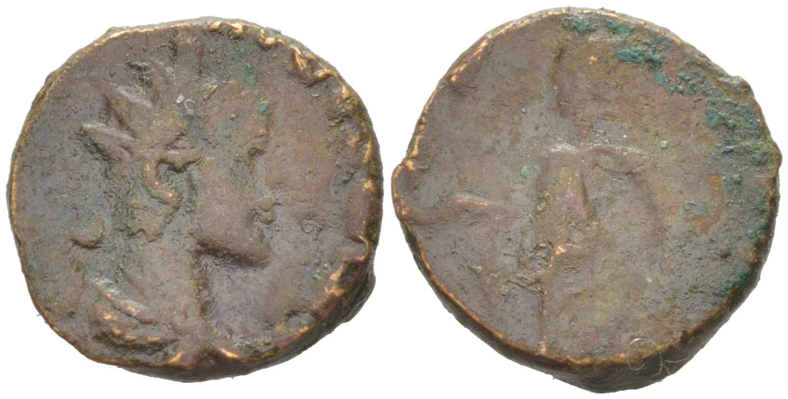 Римская Империя, императоры в Галлии антониниан 273 - 274 Тетрик II, C PIV ESV TETRICVS CAES, бюст цезаря / PIETAS AVGG, понтификальные атрибуты, Августа Треверов RIC 254 биллон 1073-24-14