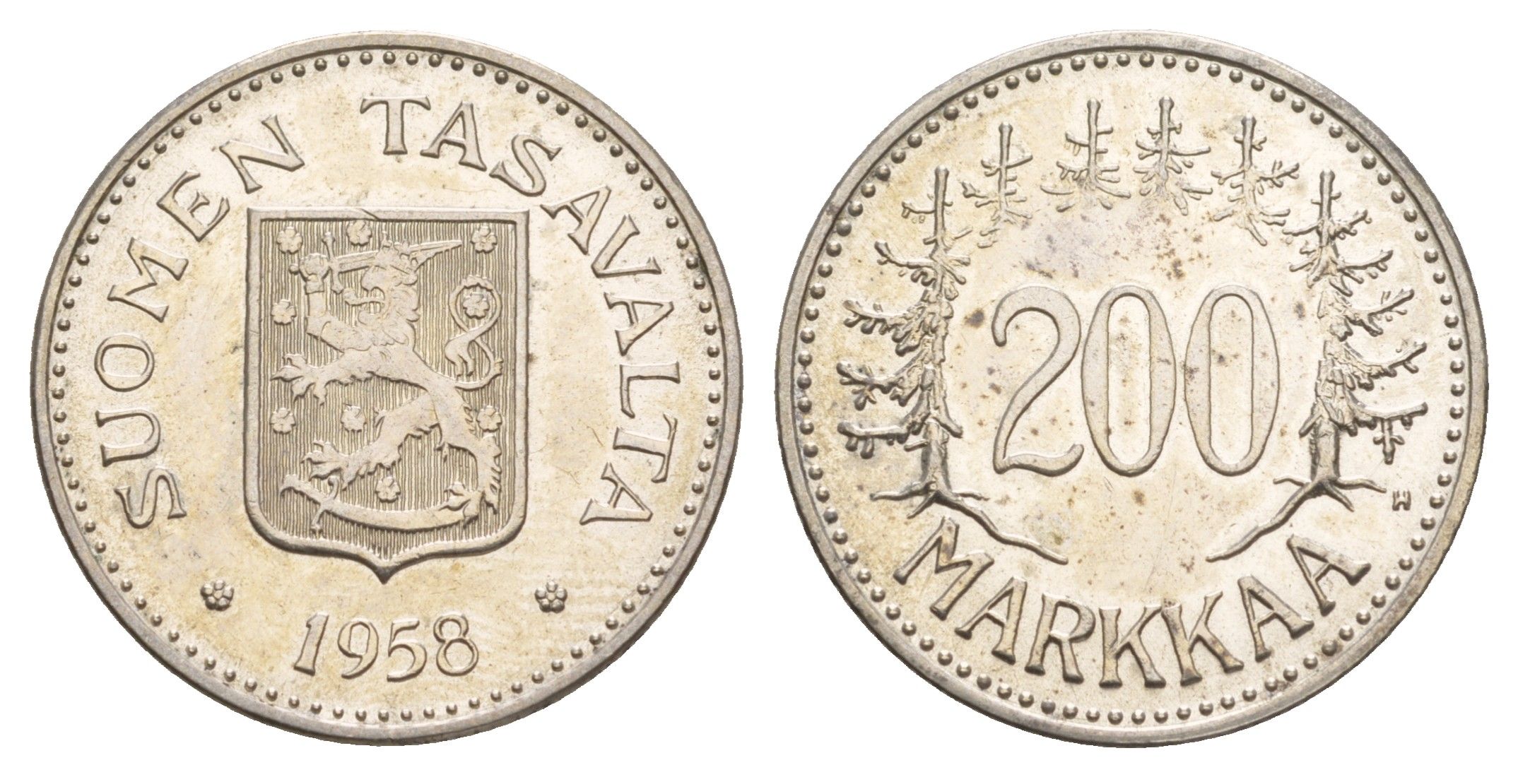 Финляндия 200 марок 1958 H KM 42 серебро aUNC 4654-754