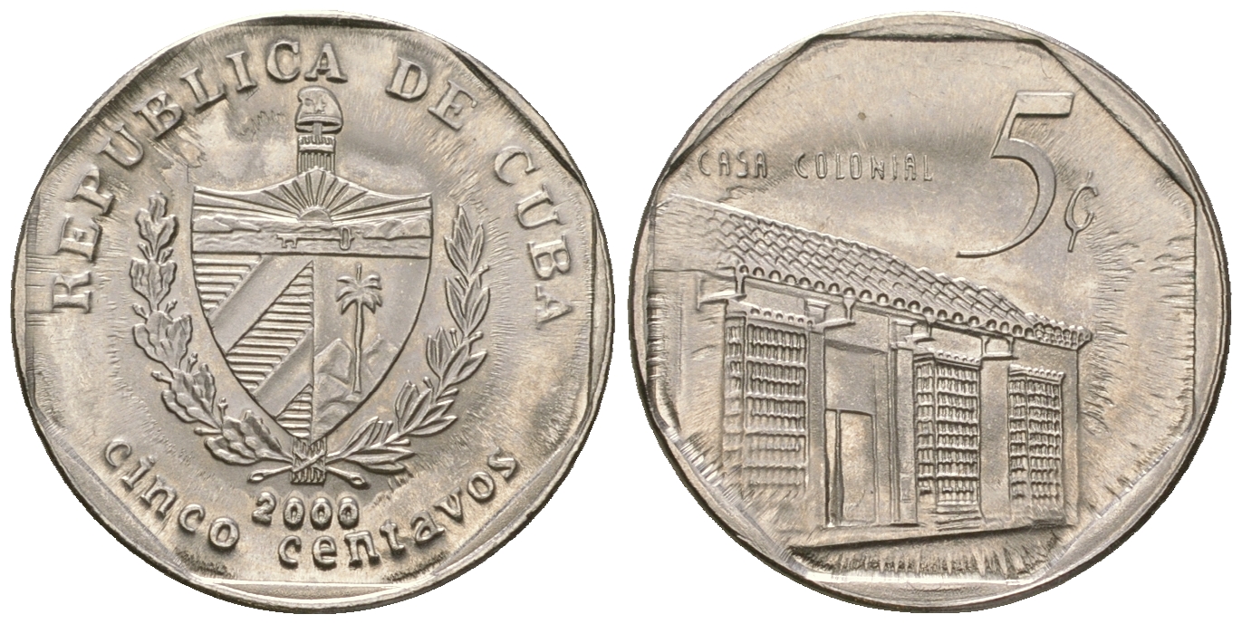 Куба 5 сентаво 2000 колониальный дом KM 575.2, Schoen 713, JMA MC19 сталь плакированная никелем  UNC  4528-1018