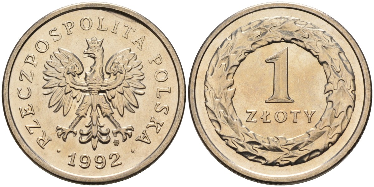 Польша 1 злотый 1992 MW KM 282 медно-никель UNC 02-265-47