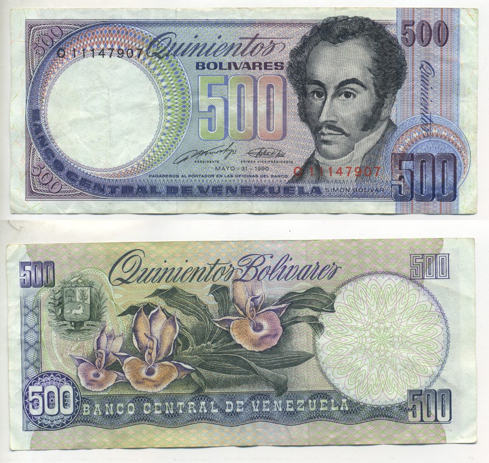 Венесуэла 500 боливаров 1990 серия O, Симон Боливар, орхидеи Pick 67d бумага 6278-13-3