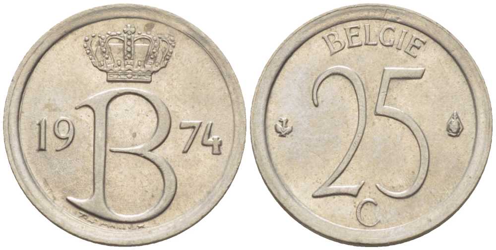 БЕЛЬГИЯ 25 САНТИМОВ 1974 BELGIE, БОДУЭН I (1951-1993) KM 154.1 медно-никель 214-154
