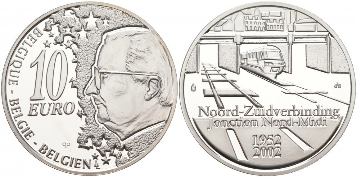 Бельгия 10 евро 2002 50 лет открытию железнодорожной ветки Норд-Миди около Брюсселя KM 233 серебро PROOF 11-014-34