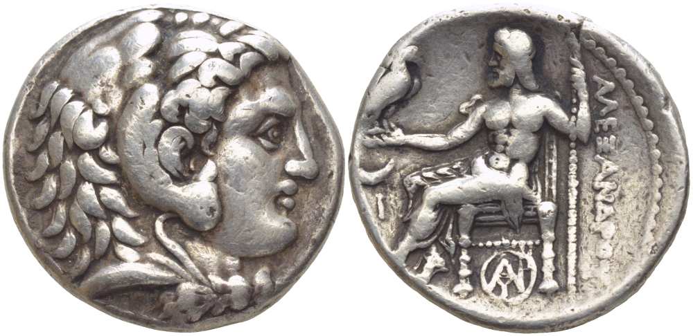Македонское царство тетрадрахма 305-300 гг. до н.э. Александр III, Великий, голова Александра Великого в образе Геракла / Зевс на троне, держащий орла, греческая легенда 'Александра', город Карры, 16,72 гр Price 3818 серебро 00-821-46