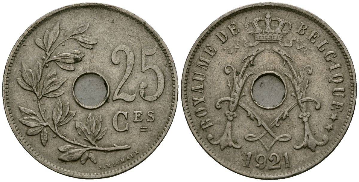 Бельгия 25 сантимов 1921 Belgique KM 68 медно-никель 4168-1232