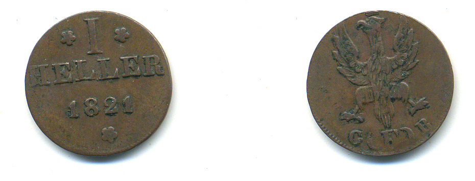 ФРАНКФУРТ 1 ГЕЛЛЕР 1821 F-GB KM 301 медь 46-359
