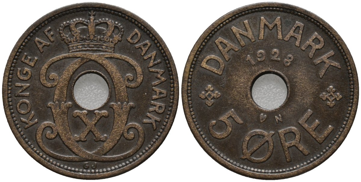 Дания 5 эре 1928 Кристиан X (1912-1947) KM 828 бронза 4577-742