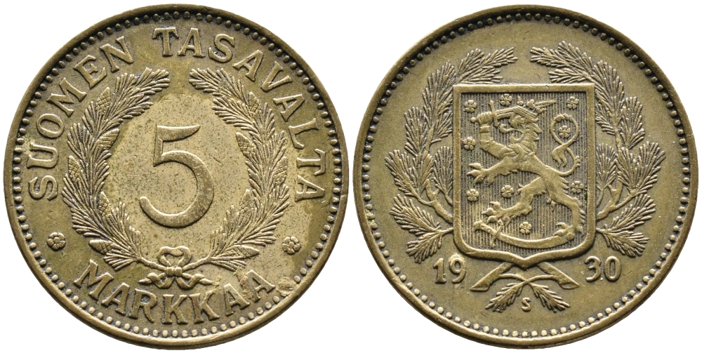 Финляндия 5 марок 1930 S, редкий год, тираж 592.000 KM 31 алюминиевая бронза 4388-1042