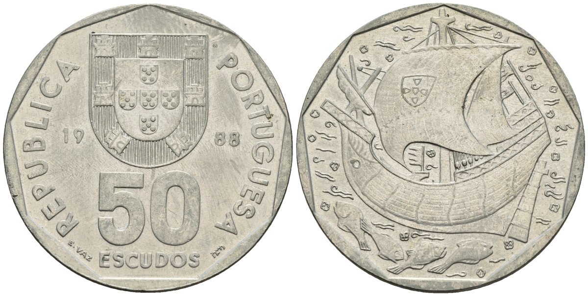 Португалия 50 эскудо 1988 парусник KM 636 медно-никель 4149-113
