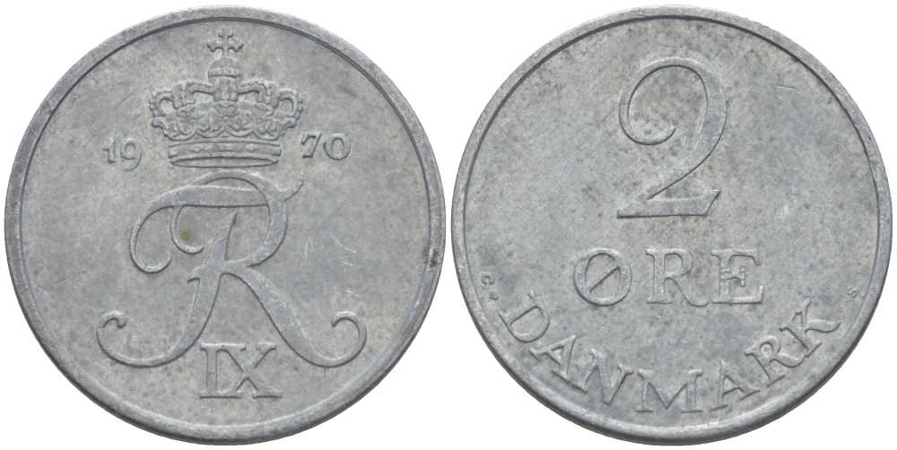 ДАНИЯ 2 ЭРЕ 1970 C; S, ФРЕДЕРИК IX (1947-1972) KM 840.2 цинк 67-445
