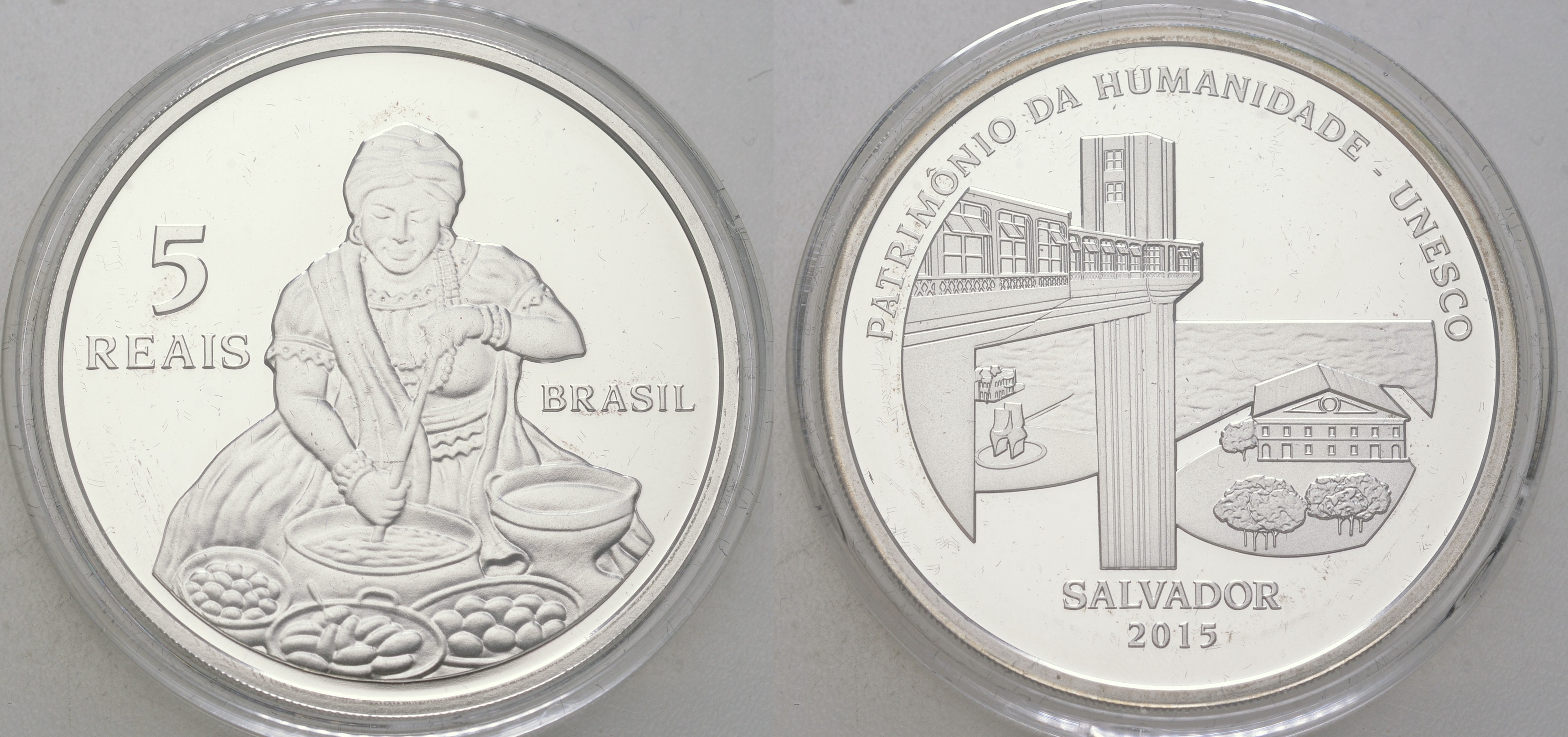 Бразилия 5 реалов 2015 ЮНЕСКО - Сальвадор, тираж 3.000 экземпляров, в оригинальной коробке, с сертификатом KM 720 серебро  PROOF  8-1-05-15