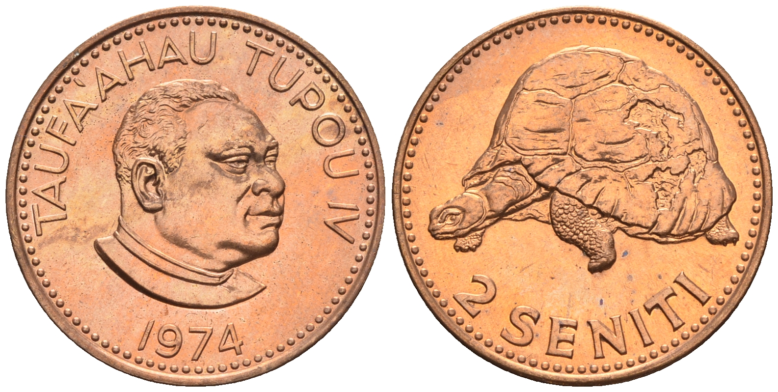 Тонга 2 сенити 1974 король Тауфа’ахау Тупоу IV (1967-2006), черепаха KM 28 бронза  UNC  220-1163