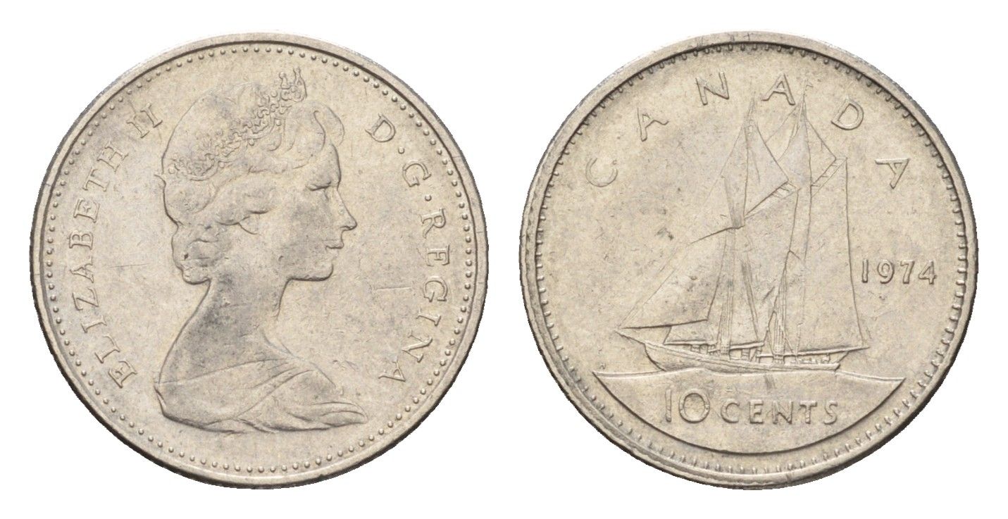 Канада 10 центов 1974 Елизавета II (1952-2022), парусник KM 77 никель 4689-542