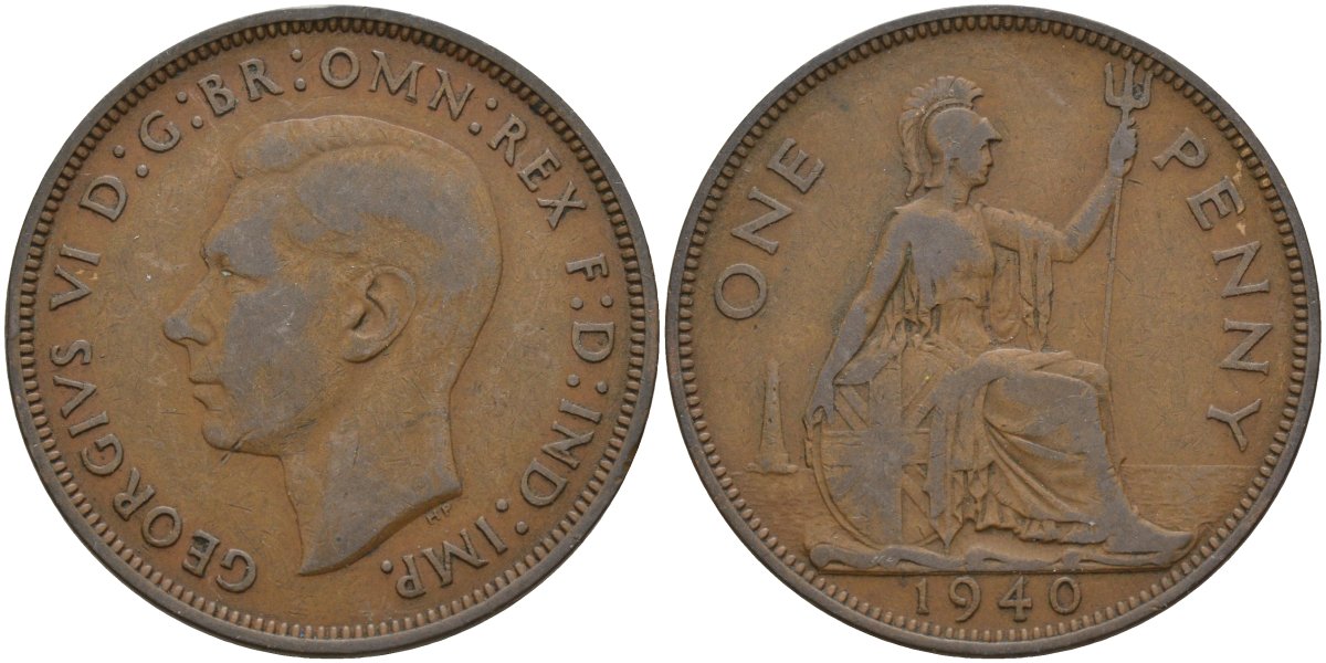 Великобритания 1 пенни 1940 Георг VI (1936-1952) KM 845, Spink 4114 бронза 4144-914