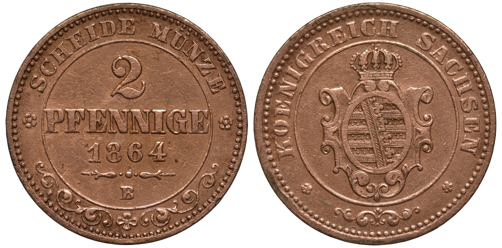 Саксония 2 пфеннига 1864 В, Иоганн (1854-1873) KM 1217, Jaeger 121, AKS 155 медь 413-5321