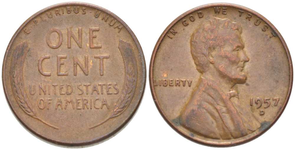 США 1 ЦЕНТ 1957 D, ЛИНКОЛЬН KM А132 медь цинк 218-1042