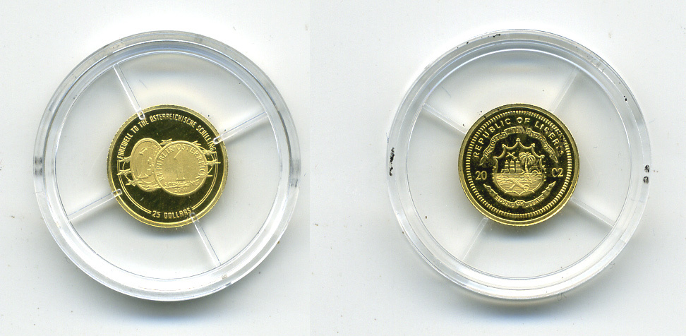 Либерия 25 долларов 2002 ПОСЛЕДНИЙ АВСТРИЙСКИЙ ШИЛЛИНГ золото PROOF 00-000-00