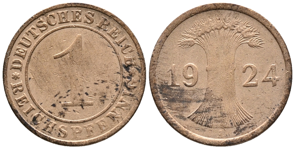 ГЕРМАНИЯ 1 РЕЙХСПФЕННИГ 1924 A KM 37, J. 313 бронза 39-845