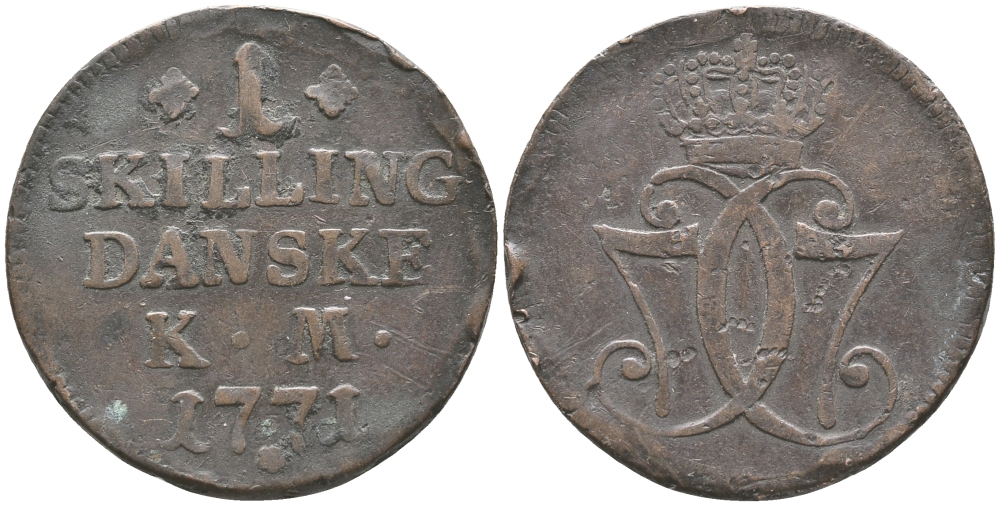 Дания 1 скиллинг 1771 КМ, Кристиан VII (1766-1808) KM 616 (С47) медь    221-221