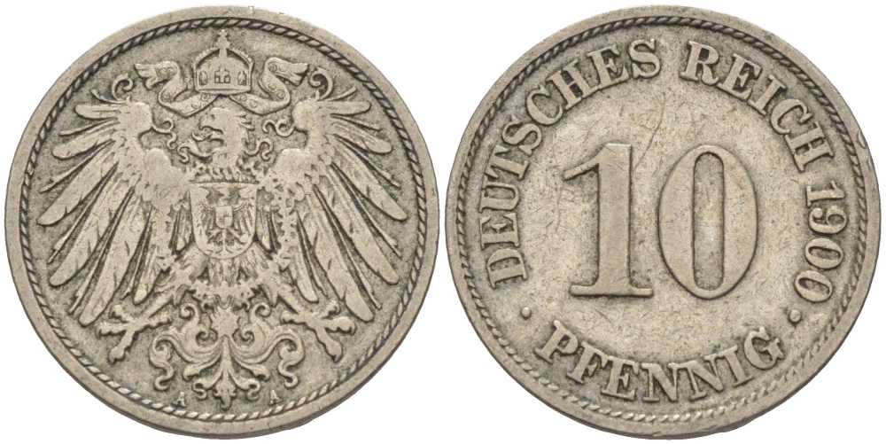 Германия 10 пфеннигов 1900 A KM 12, J. 13 медно-никель 4401-1211
