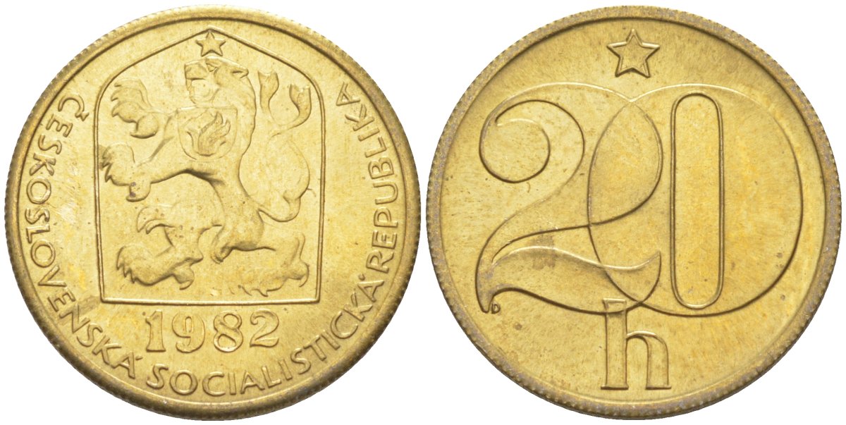 Чехословакия 20 геллеров 1982 социалистическая Республика KM 74 латунь 77-235
