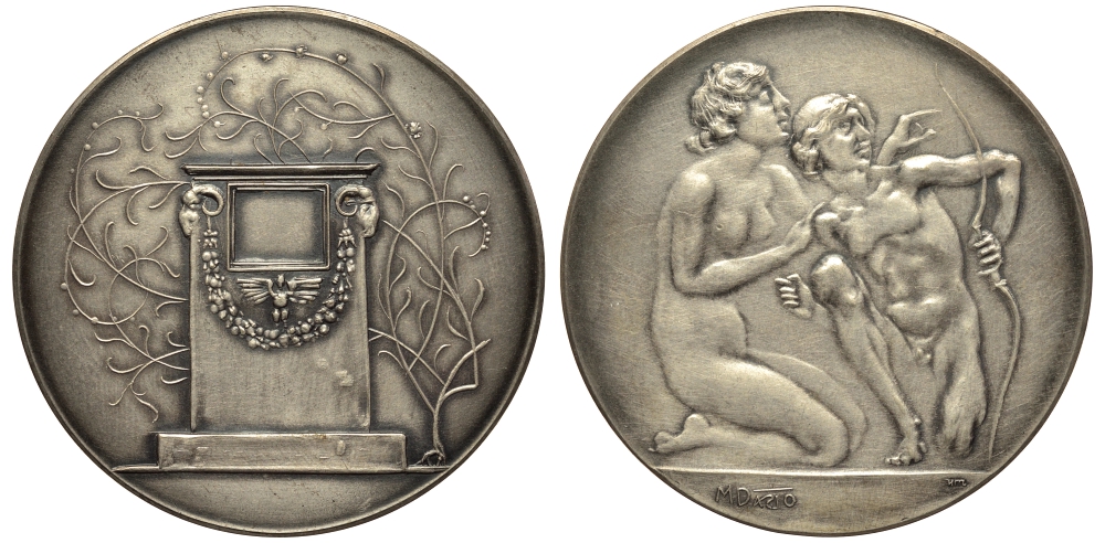 Германия медаль XX век девушка и юноша, эротика, 50 мм, 43,0 гр  белый металл  UNC  1072-6-41