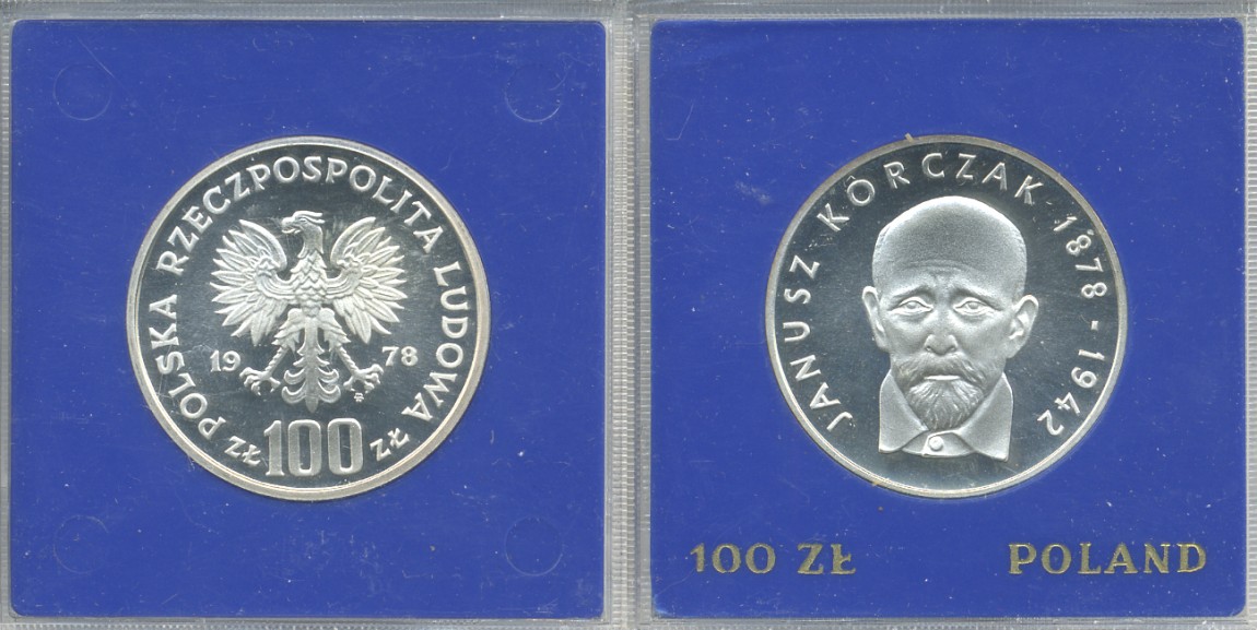 Польша 100 злотых 1978 MW, 100 лет со дня рождения Януша Корчака (1878-1942), в оригинальной пластиковой упаковке KM 94 серебро серебро PROOF 5-3-1-21