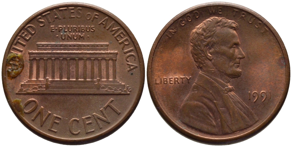 США 1 ЦЕНТ 1991 ЛИНКОЛЬН KM 201b цинк плакированный медью 66-1041