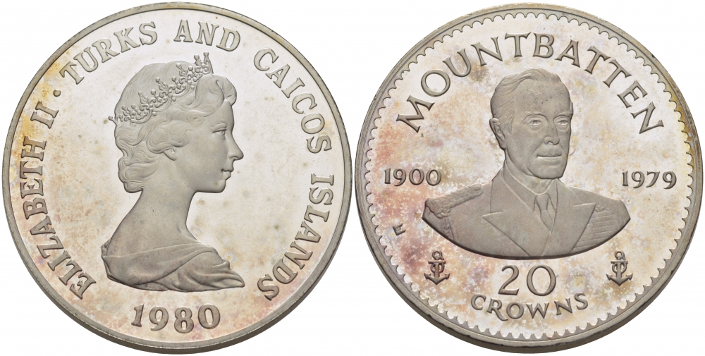 ТЕРКС И КАЙКОС 20 КРОН 1980 ЛУИС МАУНТБАТТЕН, PIEFORTS, 59,86 гр KM P 3 серебро PROOF 01-107-44