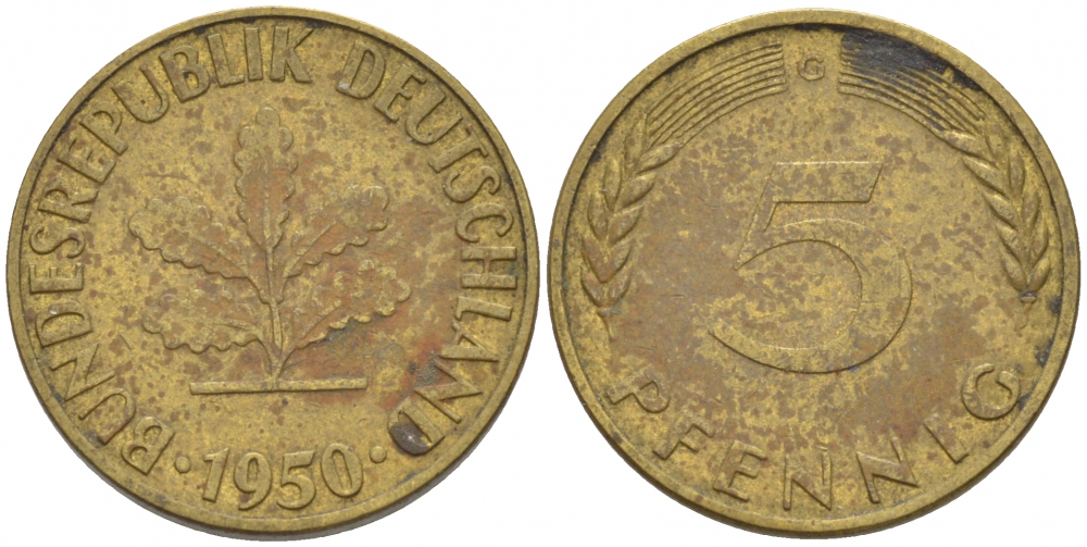 ФРГ 5 ПФЕННИГОВ 1950 G KM 107, J.382 сталь плакированная латунью 112-936