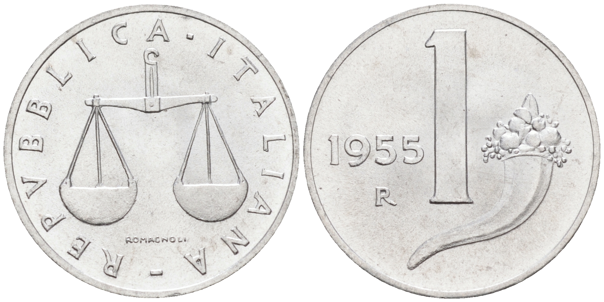 Италия 1 лира 1955 R, весы KM 91 алюминий  UNC  4594-715