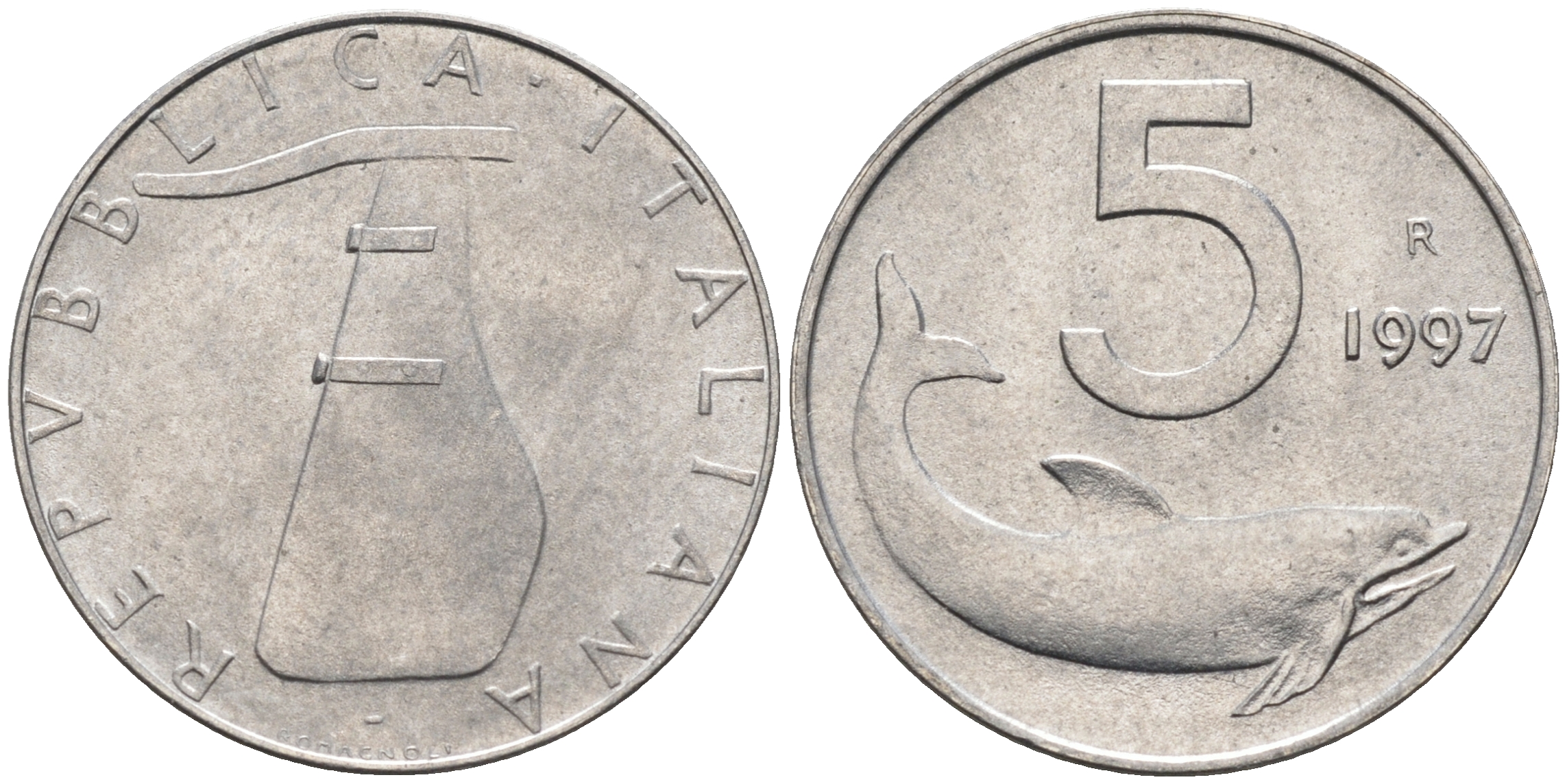Италия 5 лир 1997 R, дельфин KM 92 алюминий  UNC  4594-639