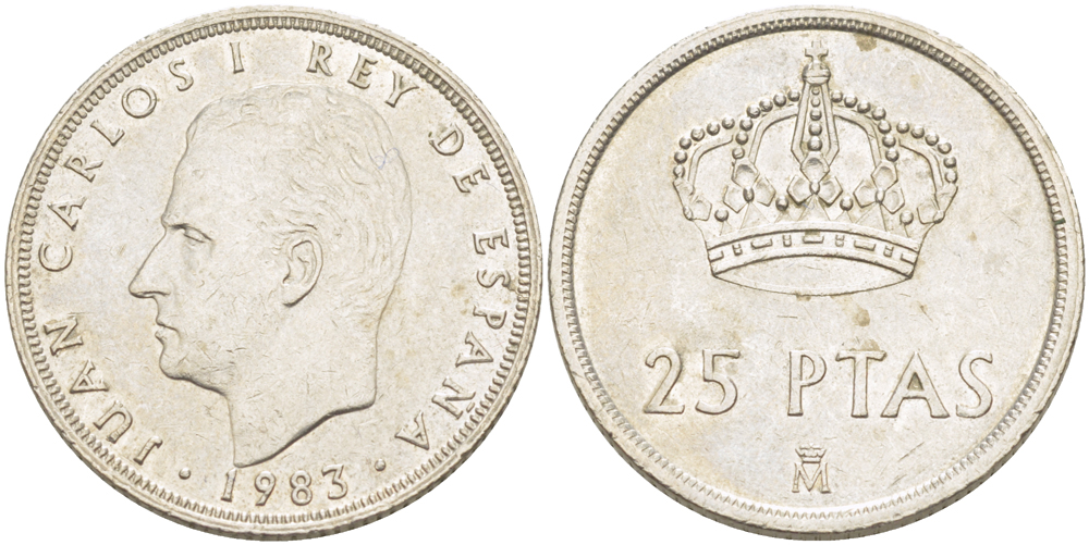 Испания 25 песет 1983 Хуан Карлос I (1975-2014) KM 824 медно-никель 216-725